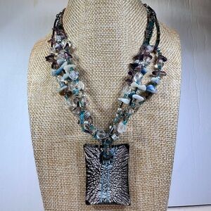 CG signed multi stone beaded necklace with glass pendant